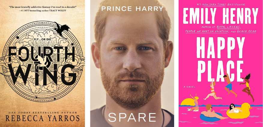 Book covers for popular books like Fourth Wing by Rebecca Yarros, Spare by Prince Harry Windsor, and Happy Place by Emily Henry