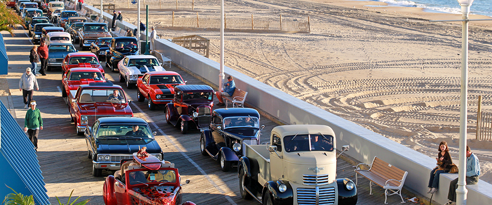 Cruisers lined up on the Ocean City Boardwalk